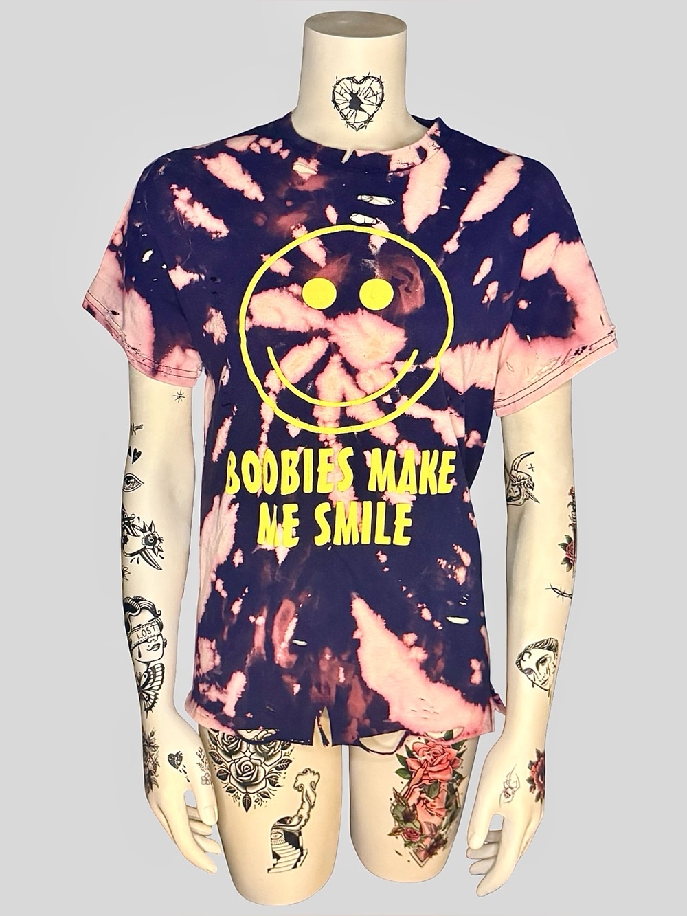 “Boobies make me smile” bleach dyed graphic t-shirt